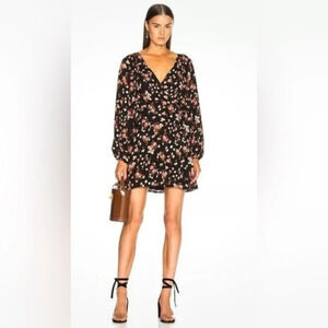 A.L.C. Black Silk Long Sleeve Floral Carlo Mini Wrap Fit And Flare Dress Size 2